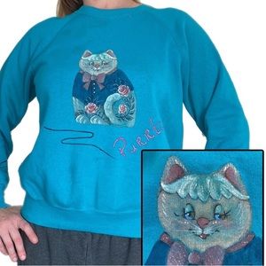 🐈Vintage 80s Cat Sweatshirt “Purrfect” Puffy Paint Art BASSETT-WALKER Size Large